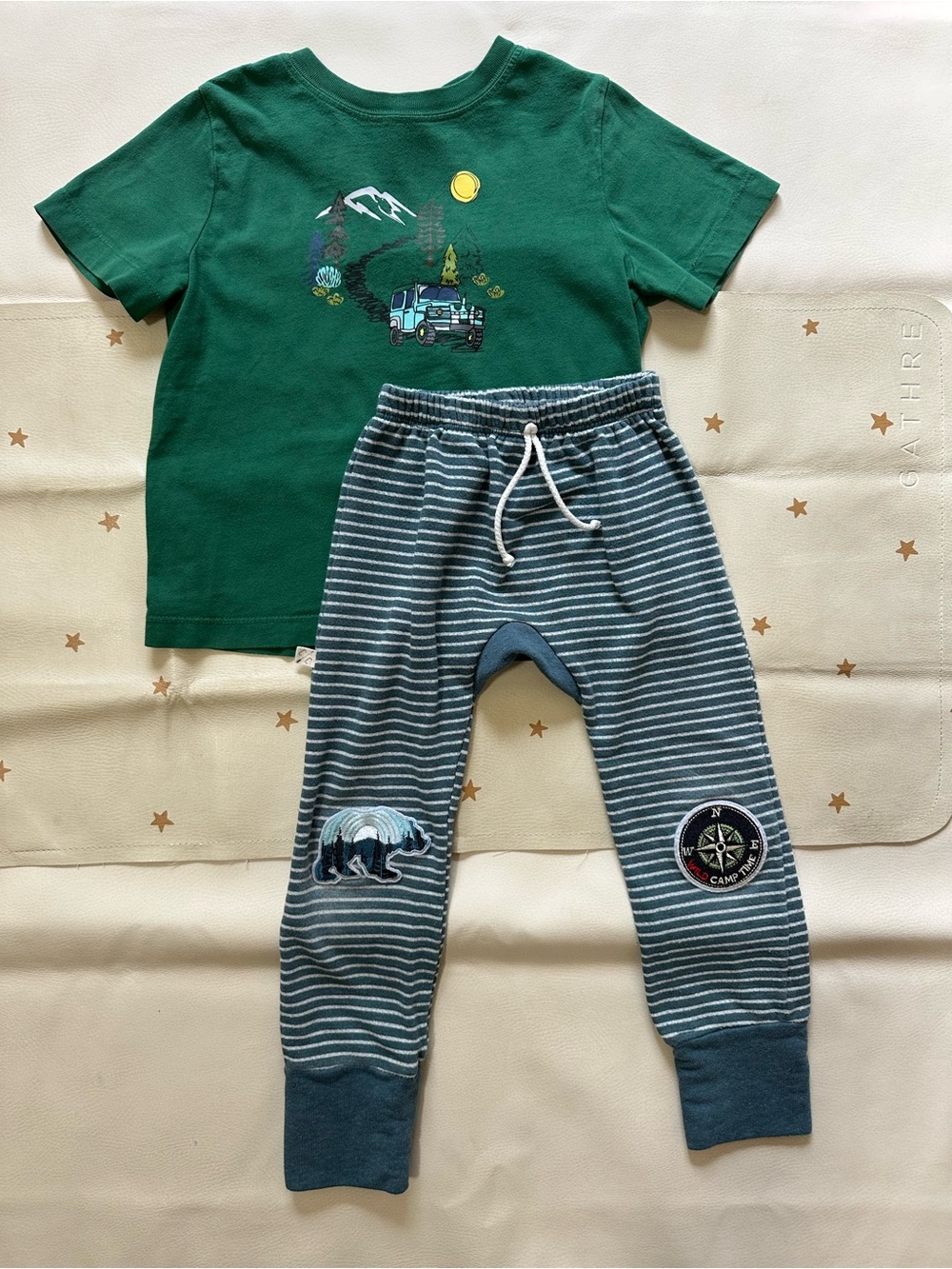 5 Hanna Andersson Green Graphic Tee with Blue-Striped Joggers